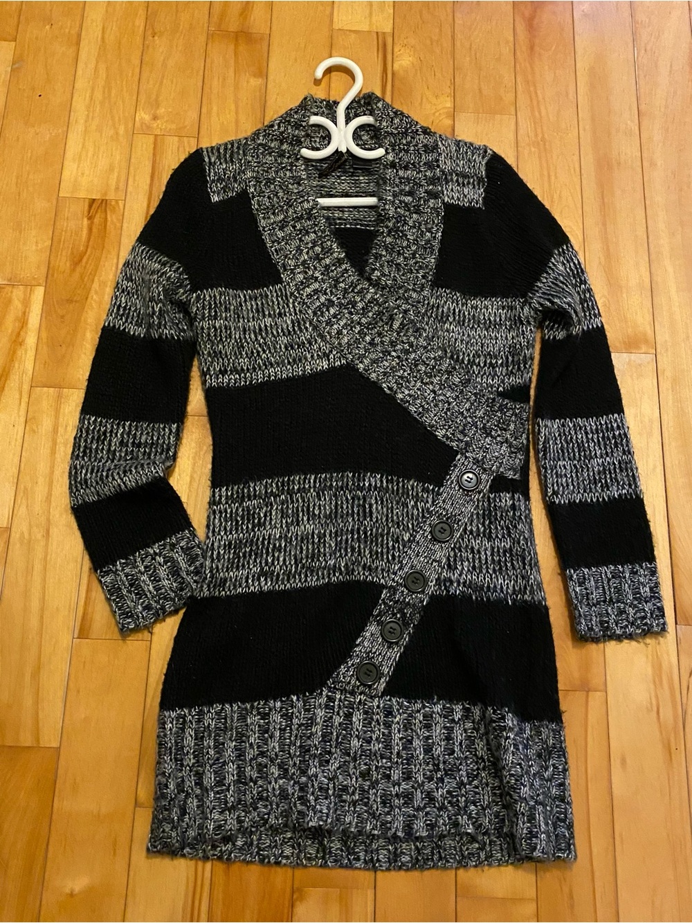 Striped Black and Gray Knit Wrap-Front Mini Dress